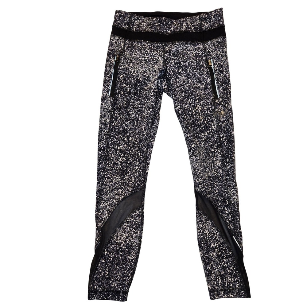 Lululemon Speckled Splatter Mesh Panel Leggings Womens 4‎ Black White Pockets